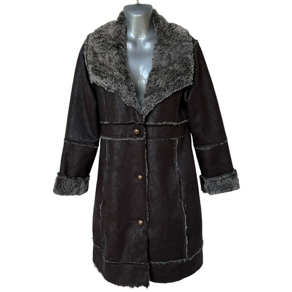 dylan Trench Coat Brown Gray Faux Leather Faux Fur Women's Size Small - Picture 1 of 9